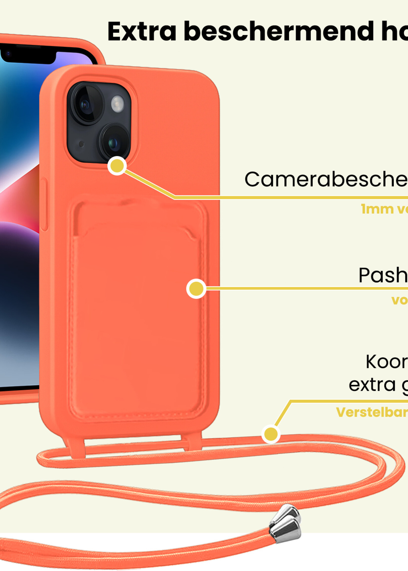 LUQ LUQ iPhone 13 Hoesje Pashouder met Koord Met 2x Screenprotector - Papaya
