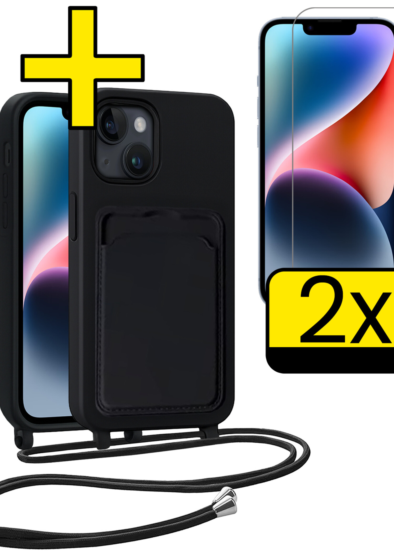LUQ LUQ iPhone 13 Hoesje Pashouder met Koord Met 2x Screenprotector - Zwart