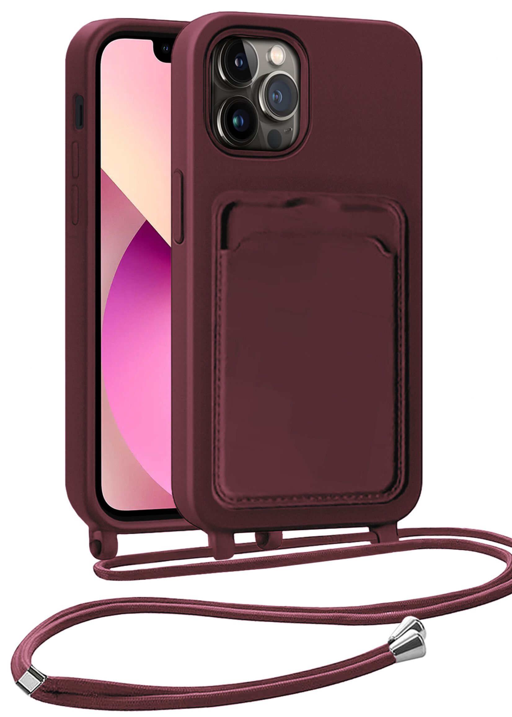LUQ LUQ iPhone 13 Pro Hoesje Pashouder met Koord - Aubergine