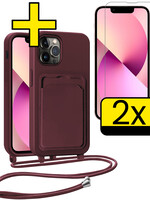 LUQ LUQ iPhone 13 Pro Hoesje Pashouder met Koord Met 2x Screenprotector - Aubergine