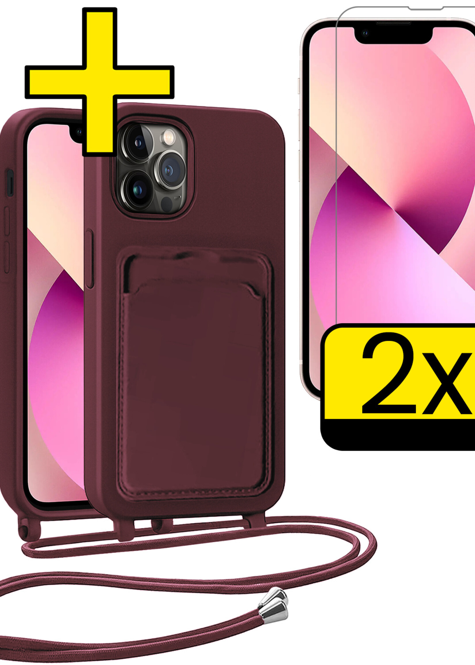 LUQ LUQ iPhone 13 Pro Hoesje Pashouder met Koord Met 2x Screenprotector - Aubergine