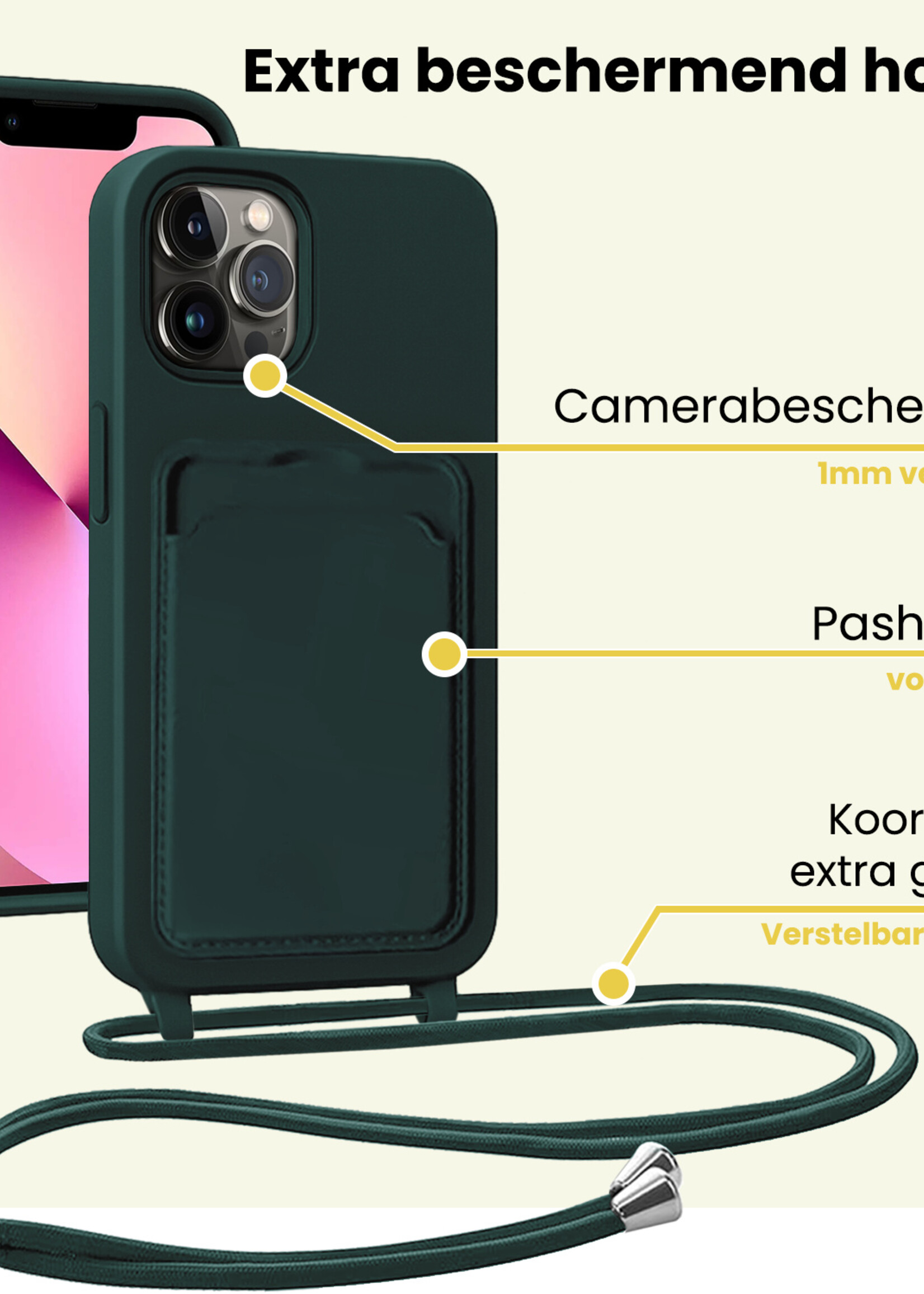 LUQ LUQ iPhone 13 Pro Hoesje Pashouder met Koord - Donkergroen - 2 PACK