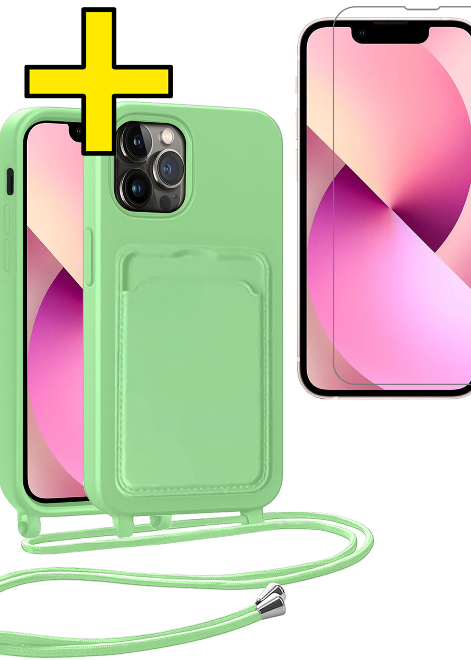 LUQ LUQ iPhone 13 Pro Hoesje Pashouder met Koord Met Screenprotector - Groen