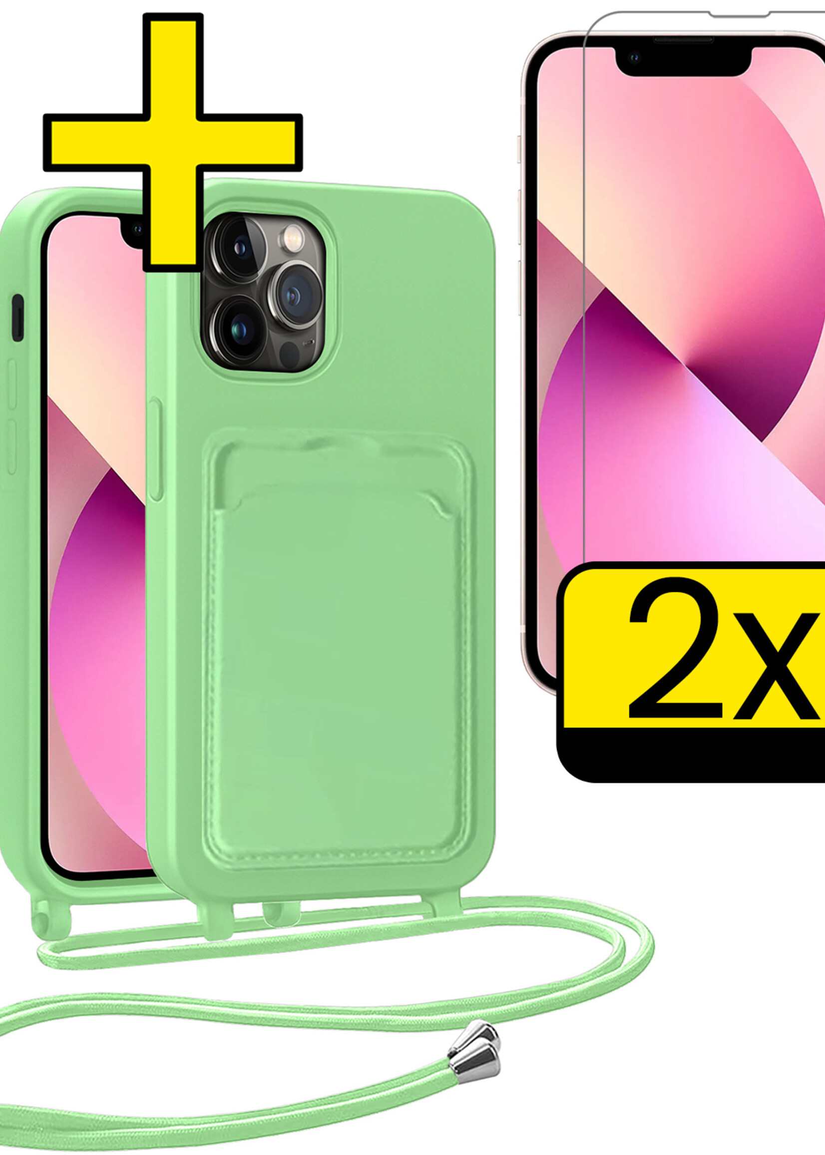 LUQ LUQ iPhone 13 Pro Hoesje Pashouder met Koord Met 2x Screenprotector - Groen
