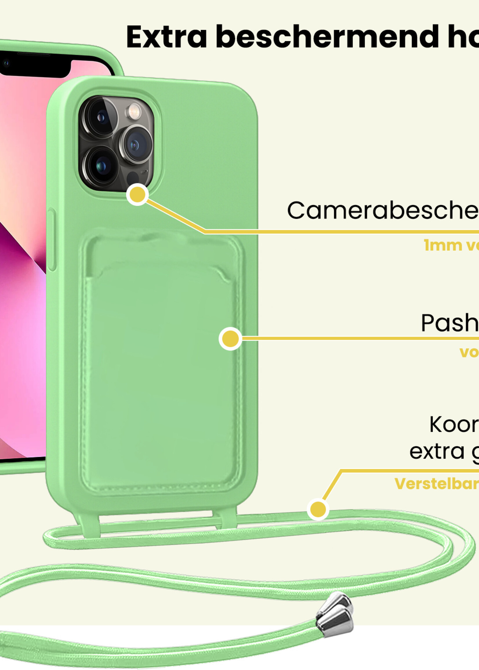 LUQ LUQ iPhone 13 Pro Hoesje Pashouder met Koord Met 2x Screenprotector - Groen