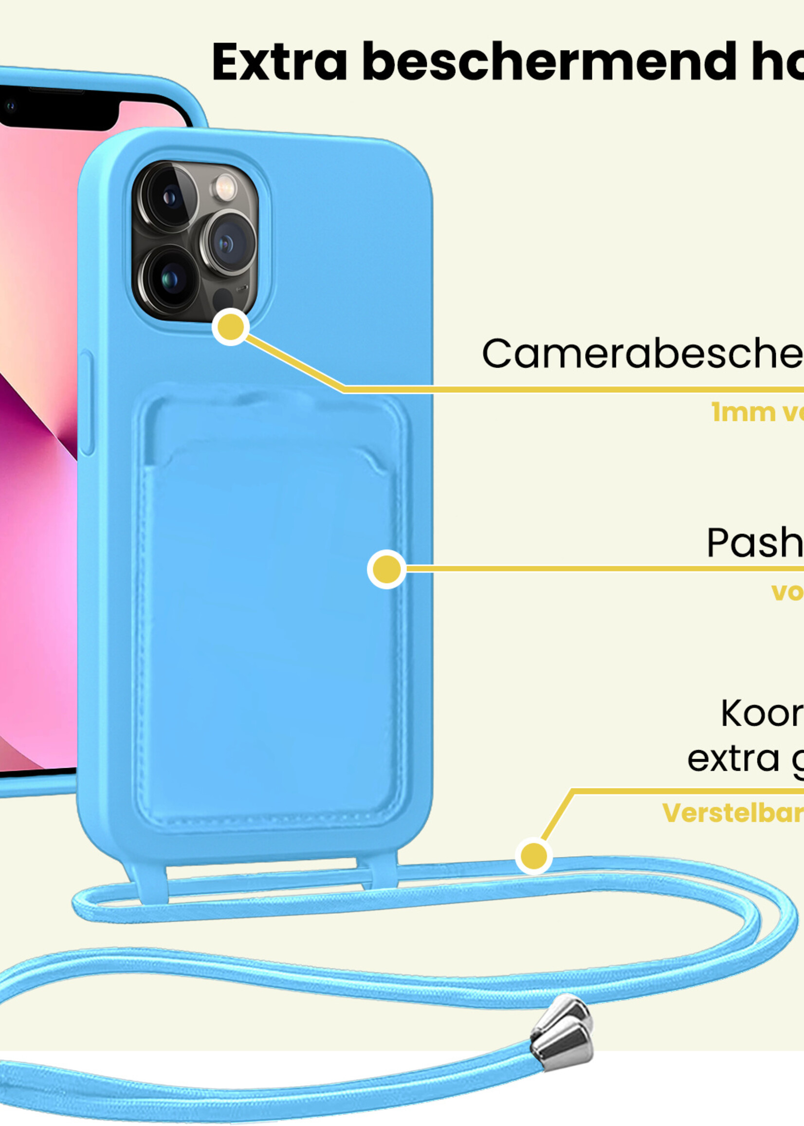 LUQ LUQ iPhone 13 Pro Hoesje Pashouder met Koord - Lichtblauw