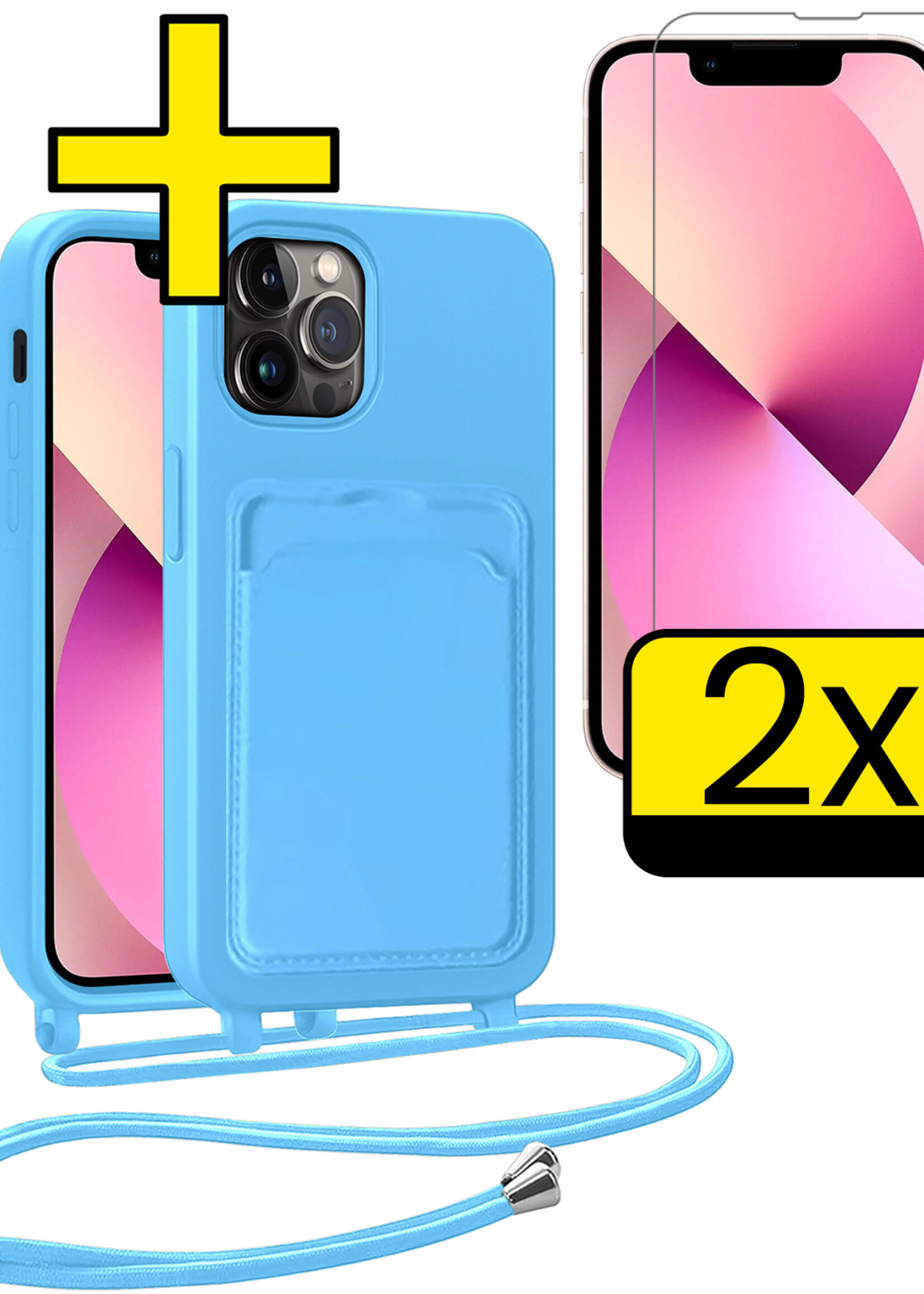 LUQ LUQ iPhone 13 Pro Hoesje Pashouder met Koord Met 2x Screenprotector - Lichtblauw