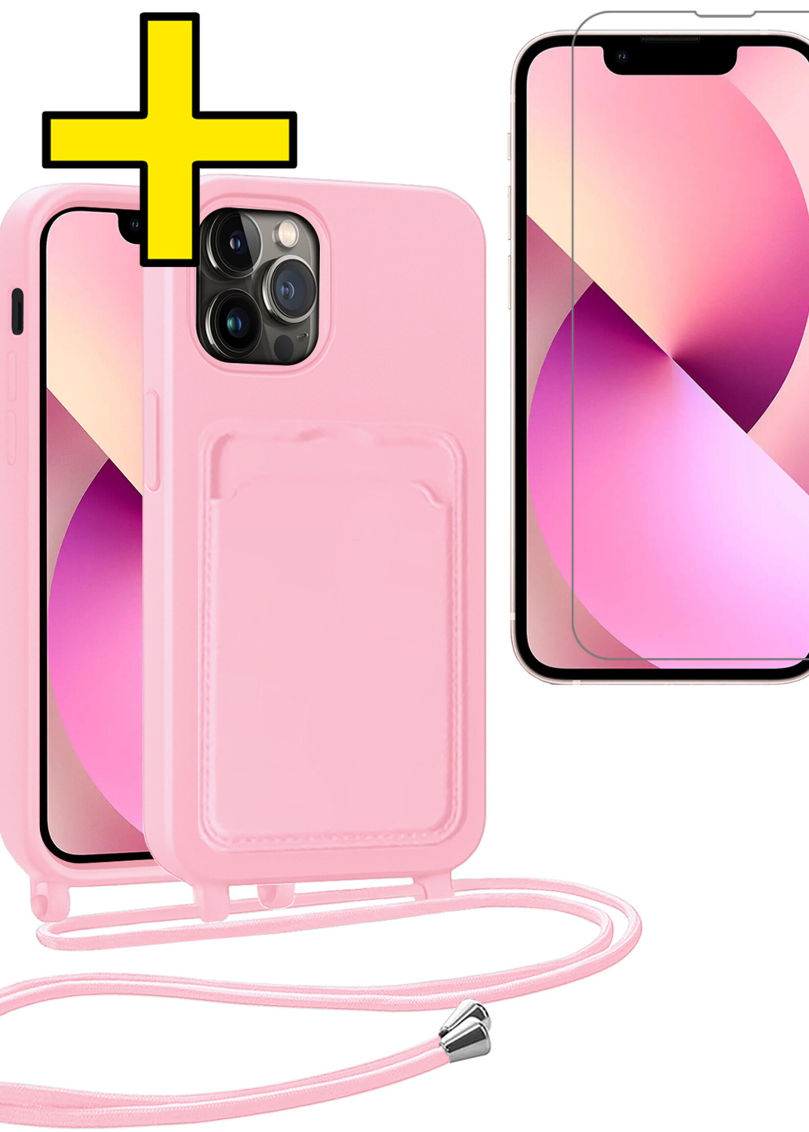 LUQ LUQ iPhone 13 Pro Hoesje Pashouder met Koord Met Screenprotector - Lichtroze