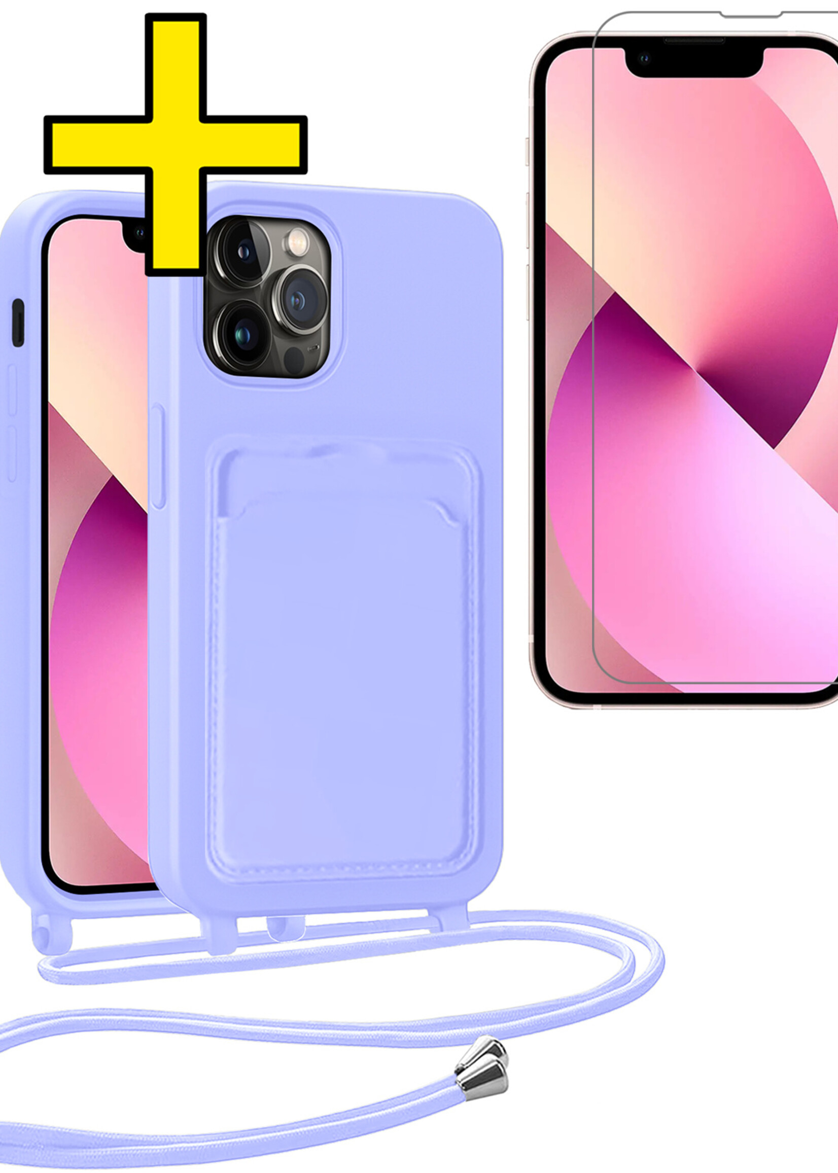LUQ LUQ iPhone 13 Pro Hoesje Pashouder met Koord Met Screenprotector - Lila