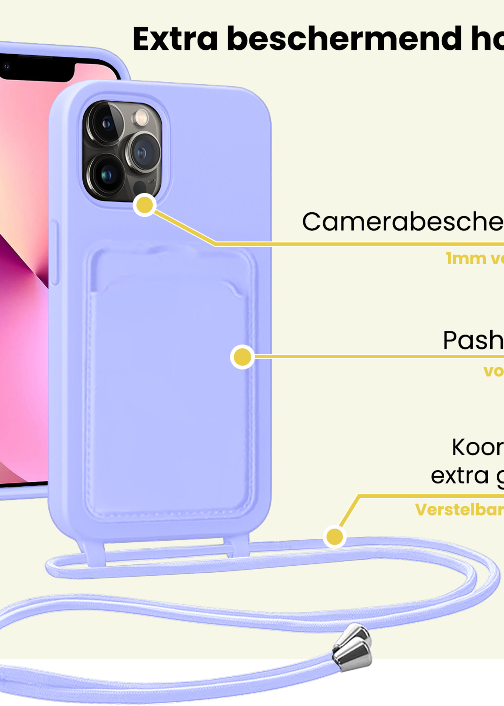 LUQ LUQ iPhone 13 Pro Hoesje Pashouder met Koord Met 2x Screenprotector - Lila