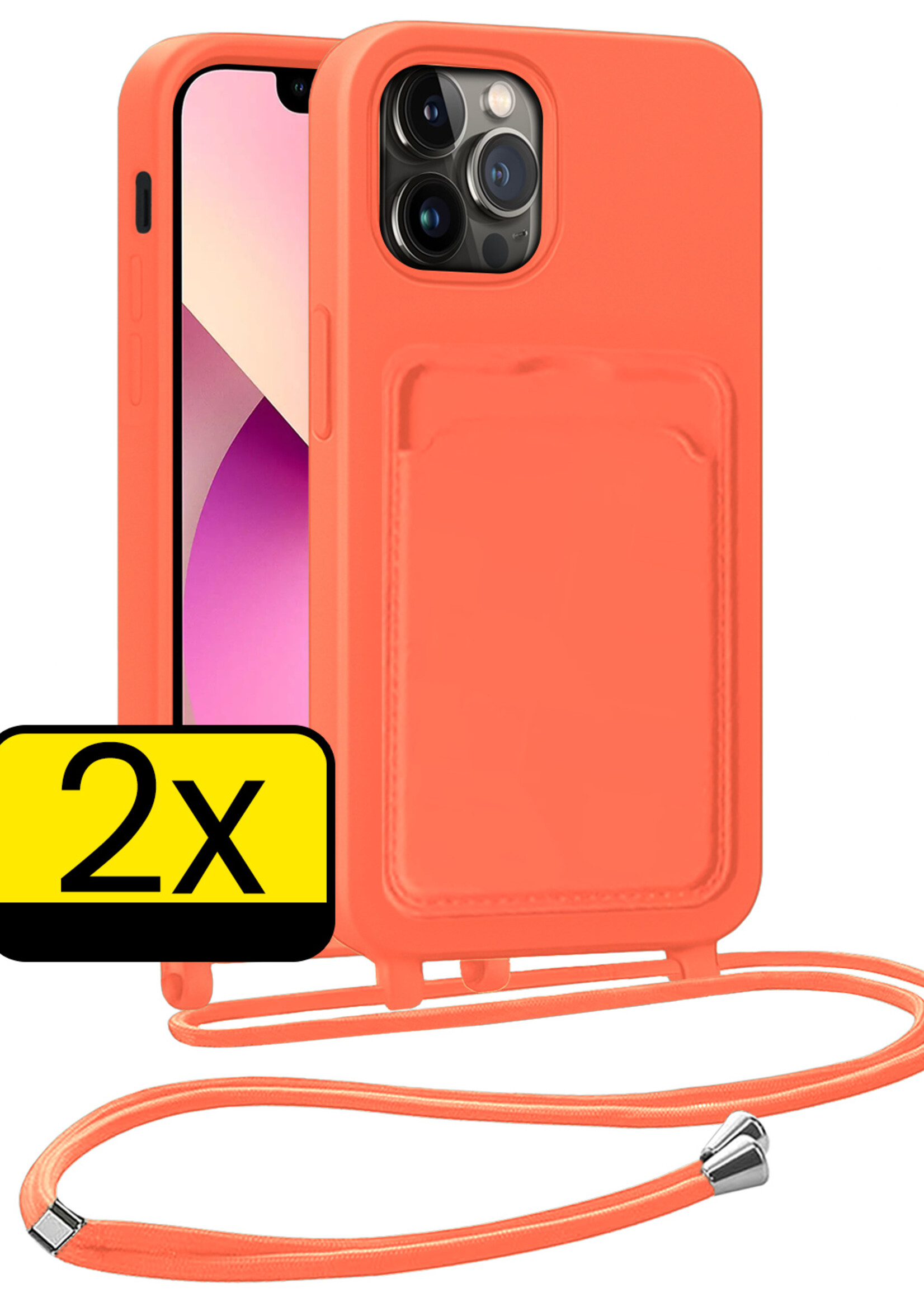 LUQ LUQ iPhone 13 Pro Hoesje Pashouder met Koord - Papaya - 2 PACK