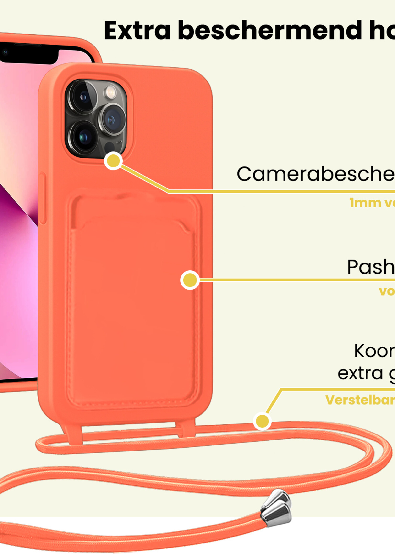 LUQ LUQ iPhone 13 Pro Hoesje Pashouder met Koord - Papaya - 2 PACK