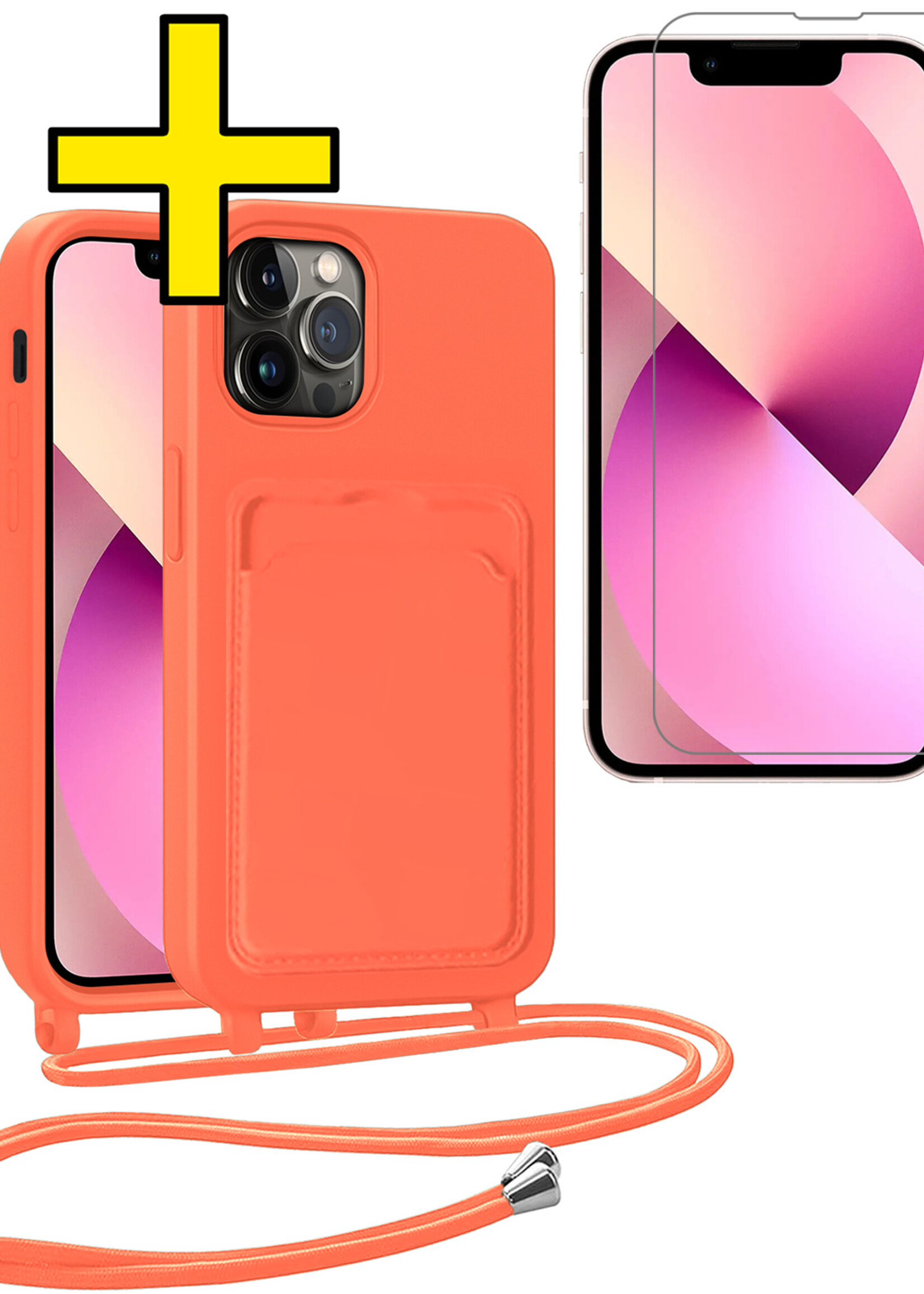 LUQ LUQ iPhone 13 Pro Hoesje Pashouder met Koord Met Screenprotector - Papaya