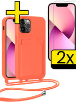 LUQ LUQ iPhone 13 Pro Hoesje Pashouder met Koord Met 2x Screenprotector - Papaya