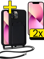 LUQ LUQ iPhone 13 Pro Hoesje Pashouder met Koord Met 2x Screenprotector - Zwart