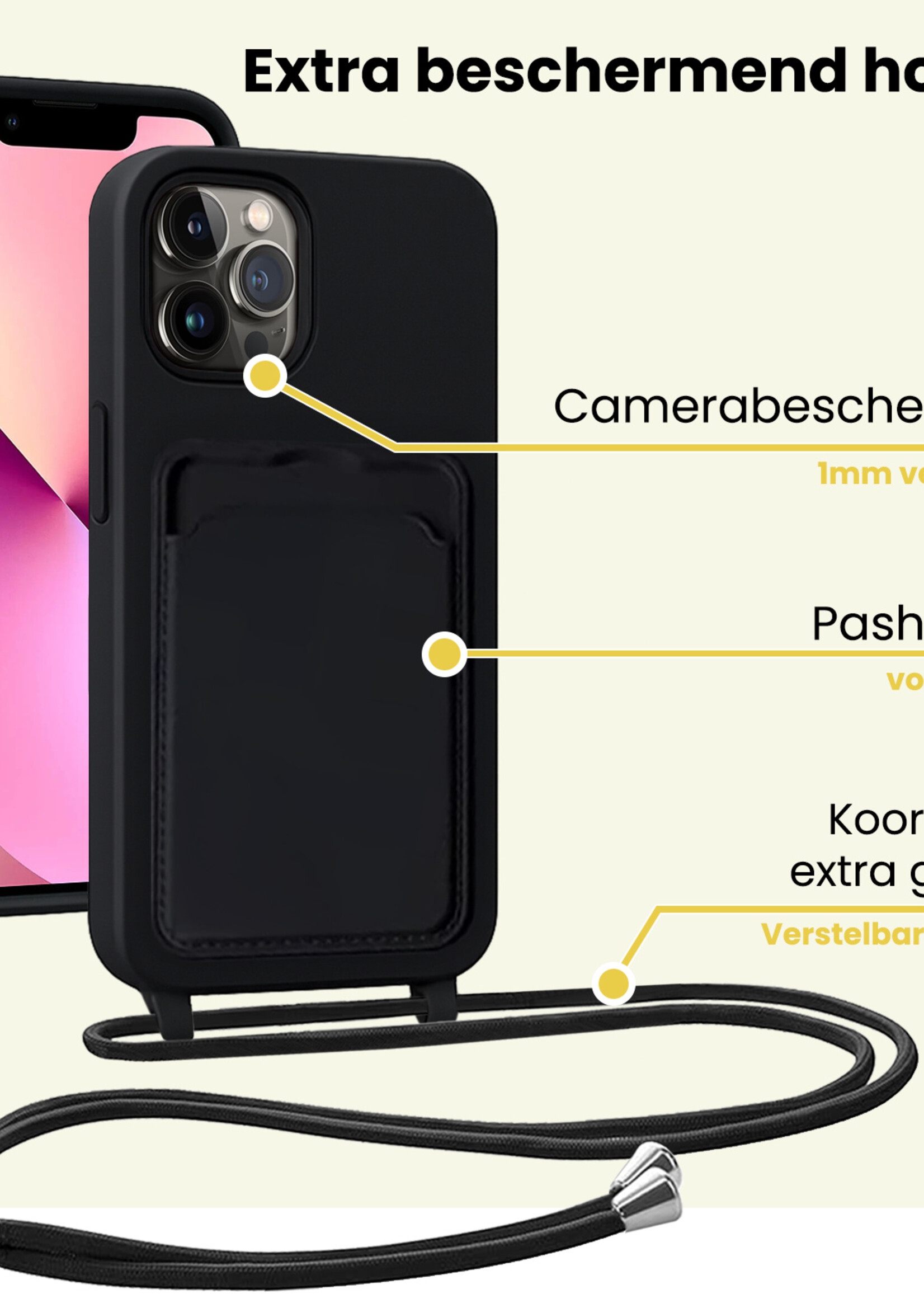 LUQ LUQ iPhone 13 Pro Hoesje Pashouder met Koord Met 2x Screenprotector - Zwart