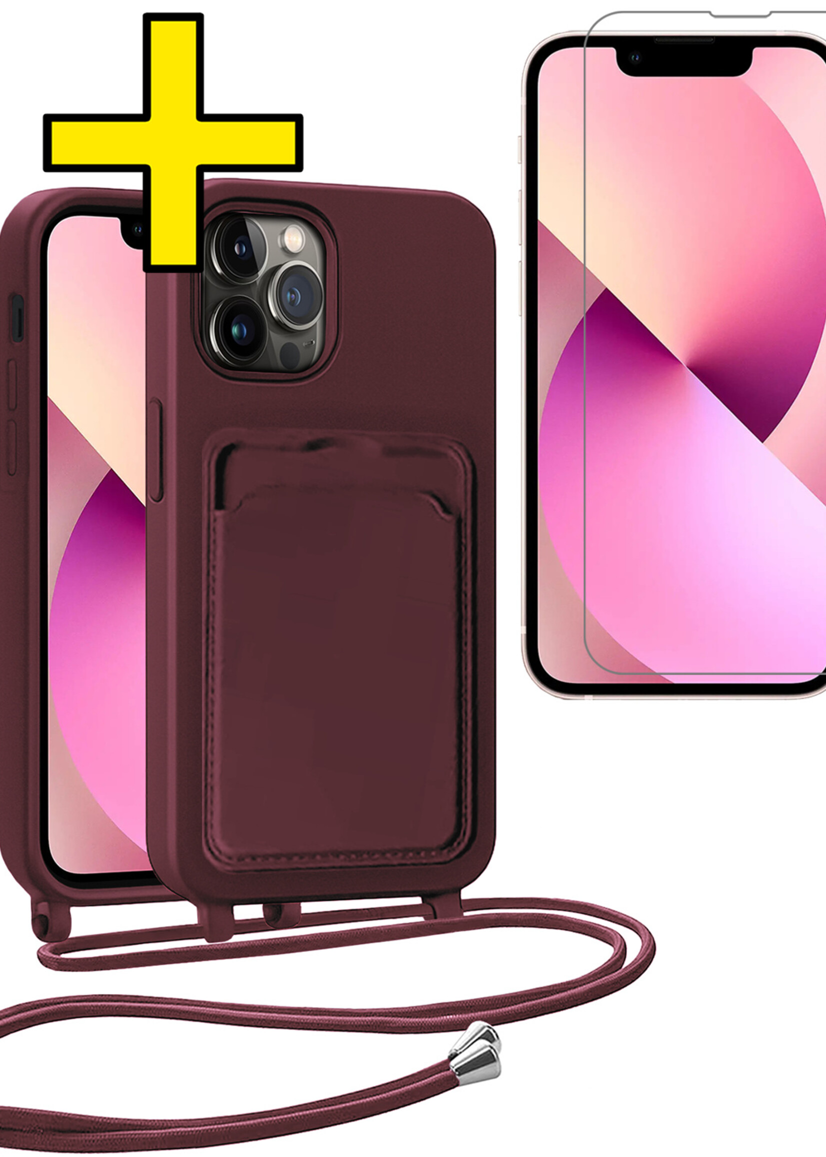 LUQ LUQ iPhone 13 Pro Max Hoesje Pashouder met Koord Met Screenprotector - Aubergine