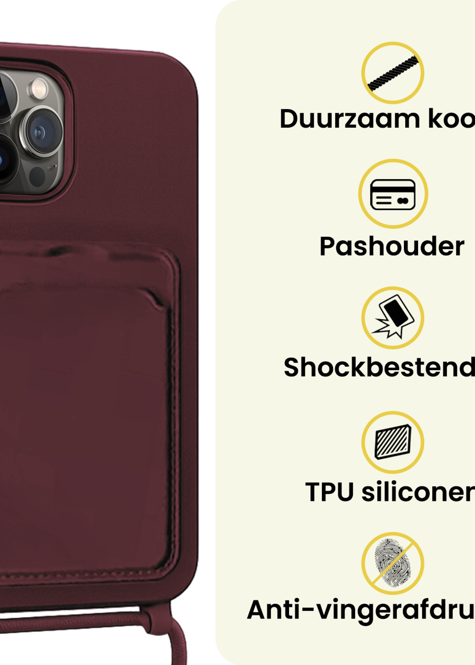 LUQ LUQ iPhone 13 Pro Max Hoesje Pashouder met Koord Met Screenprotector - Aubergine