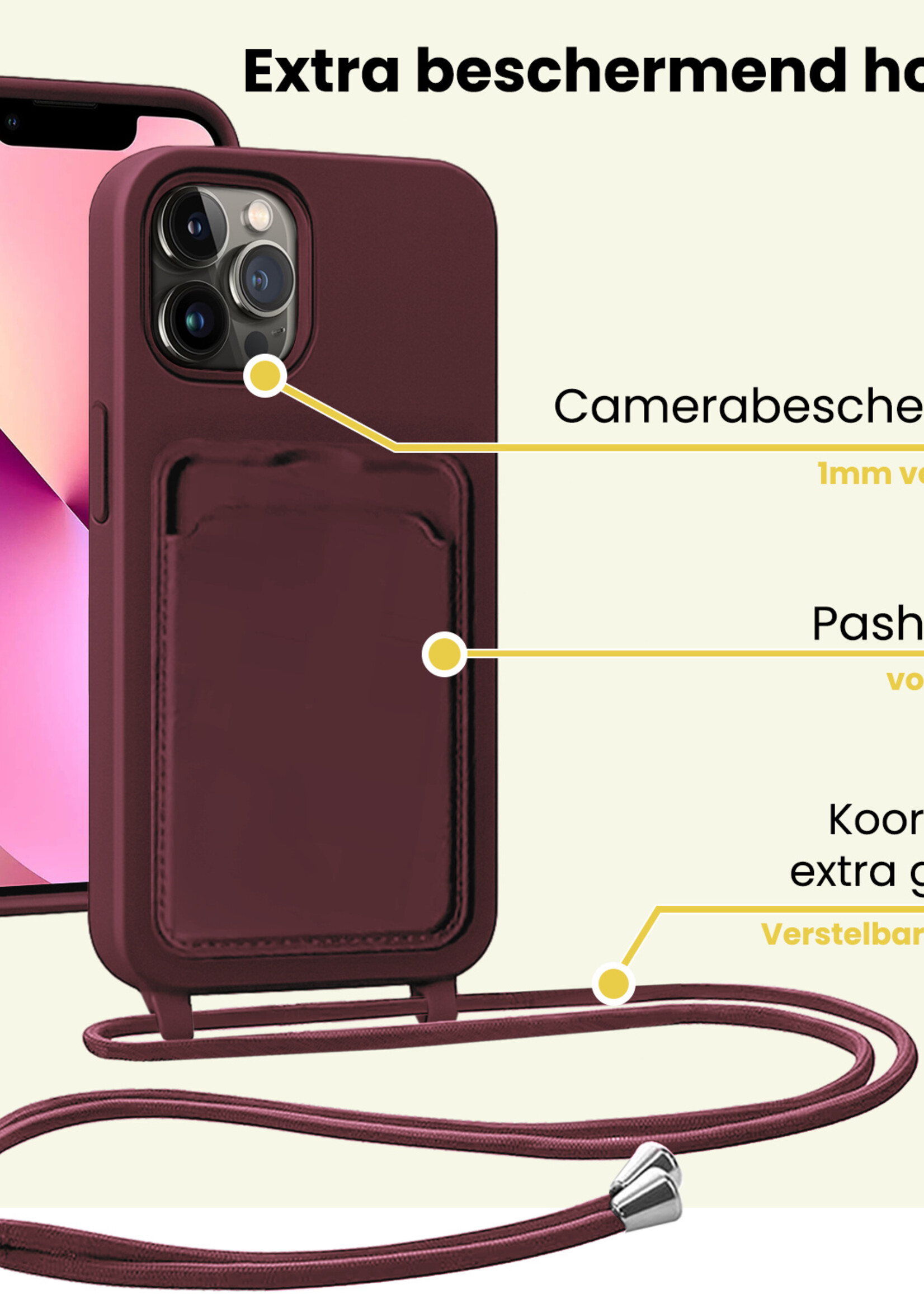 LUQ LUQ iPhone 13 Pro Max Hoesje Pashouder met Koord Met Screenprotector - Aubergine