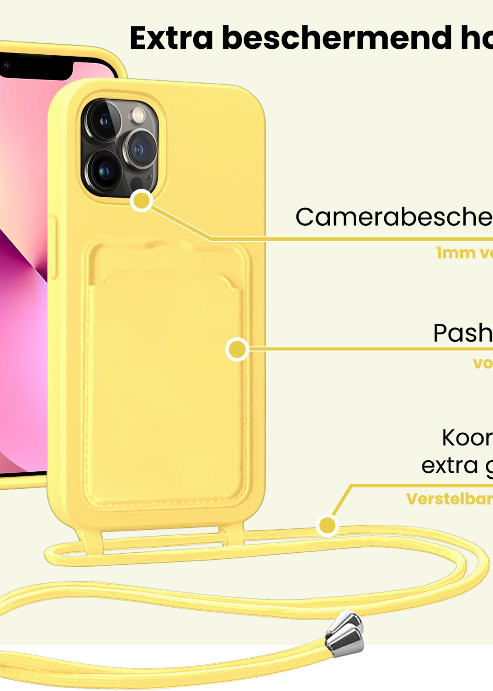 LUQ LUQ iPhone 13 Pro Max Hoesje Pashouder met Koord Met Screenprotector - Geel