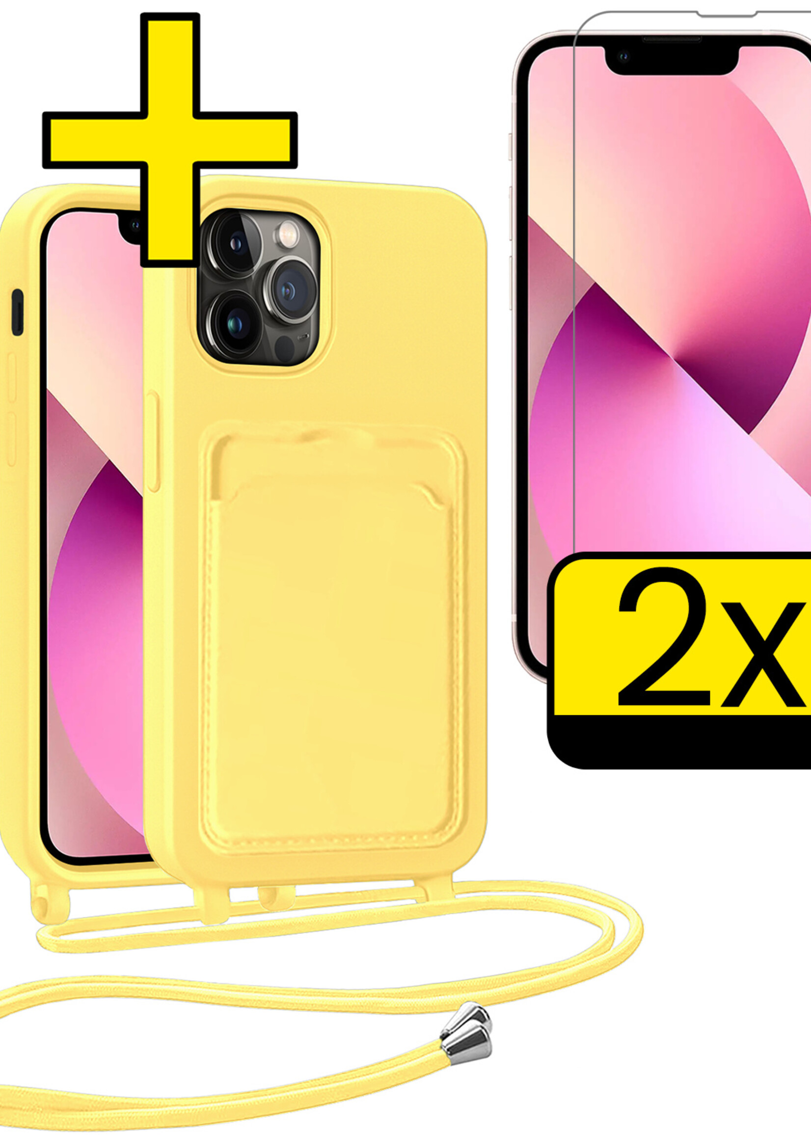 LUQ LUQ iPhone 13 Pro Max Hoesje Pashouder met Koord Met 2x Screenprotector - Geel