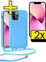 LUQ LUQ iPhone 13 Pro Max Hoesje Pashouder met Koord Met 2x Screenprotector - Lichtblauw