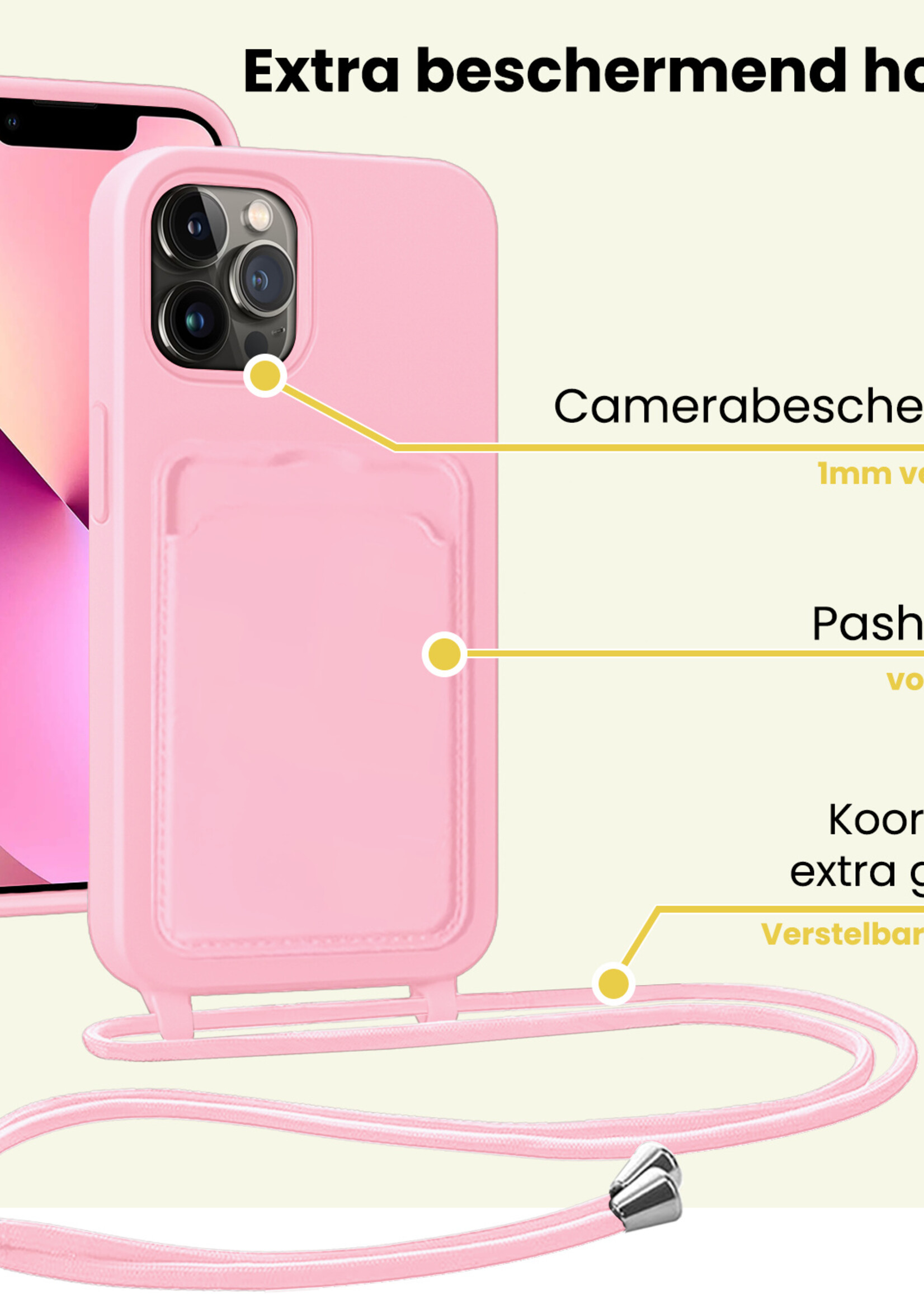 LUQ LUQ iPhone 13 Pro Max Hoesje Pashouder met Koord - Lichtroze - 2 PACK