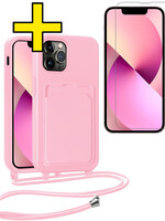 LUQ LUQ iPhone 13 Pro Max Hoesje Pashouder met Koord Met Screenprotector - Lichtroze