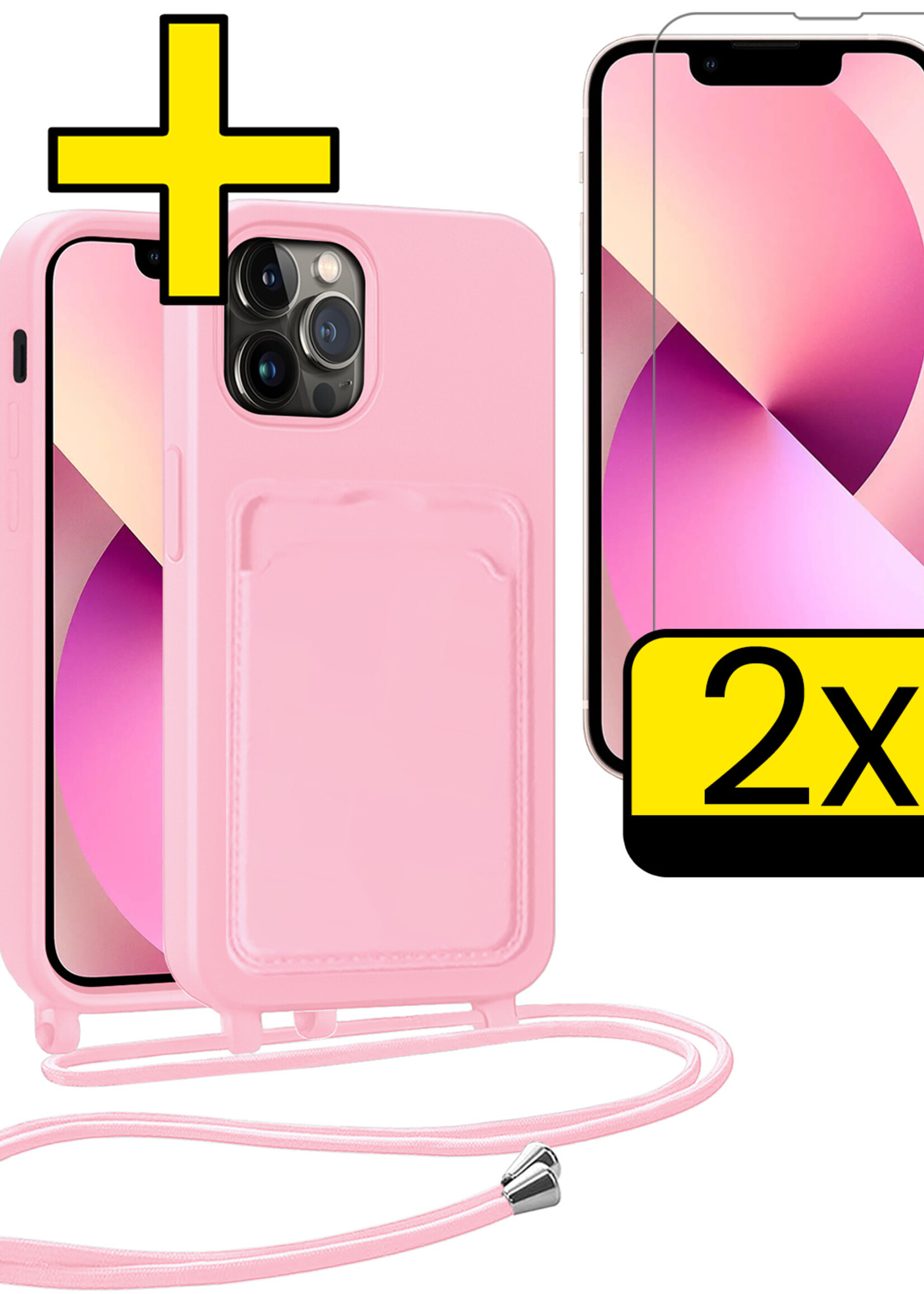 LUQ LUQ iPhone 13 Pro Max Hoesje Pashouder met Koord Met 2x Screenprotector - Lichtroze