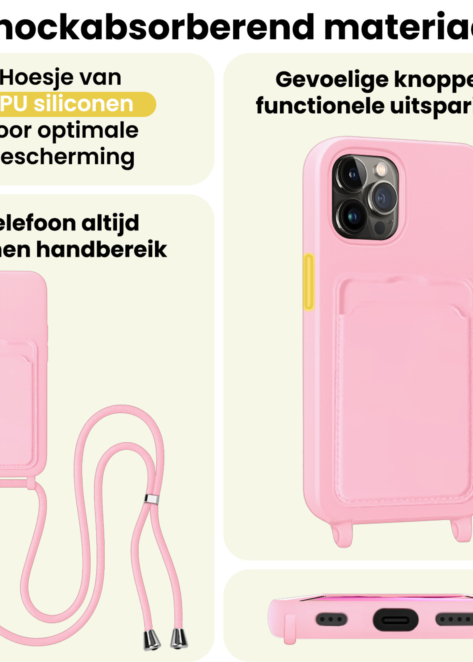 LUQ LUQ iPhone 13 Pro Max Hoesje Pashouder met Koord Met 2x Screenprotector - Lichtroze