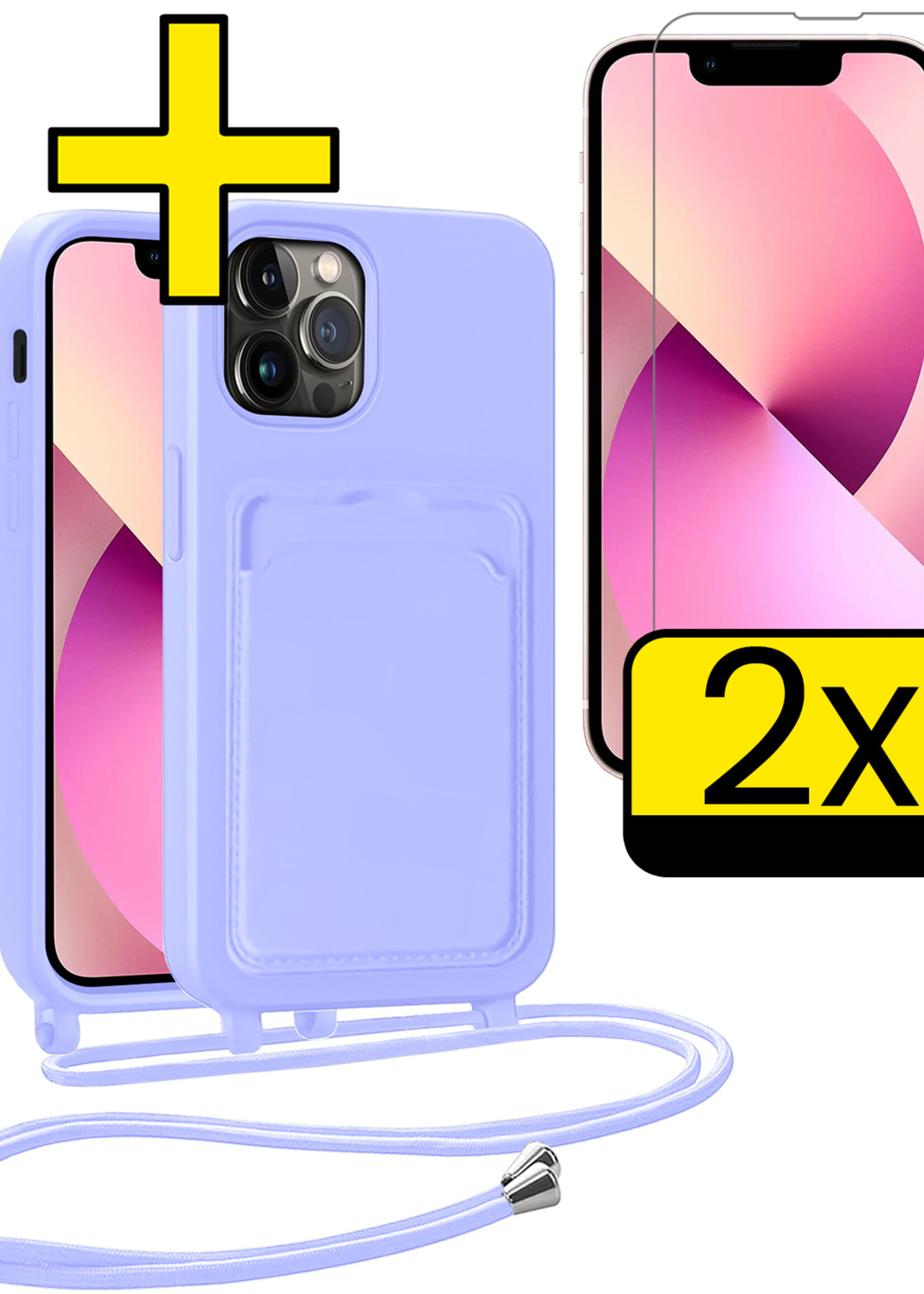 LUQ LUQ iPhone 13 Pro Max Hoesje Pashouder met Koord Met 2x Screenprotector - Lila