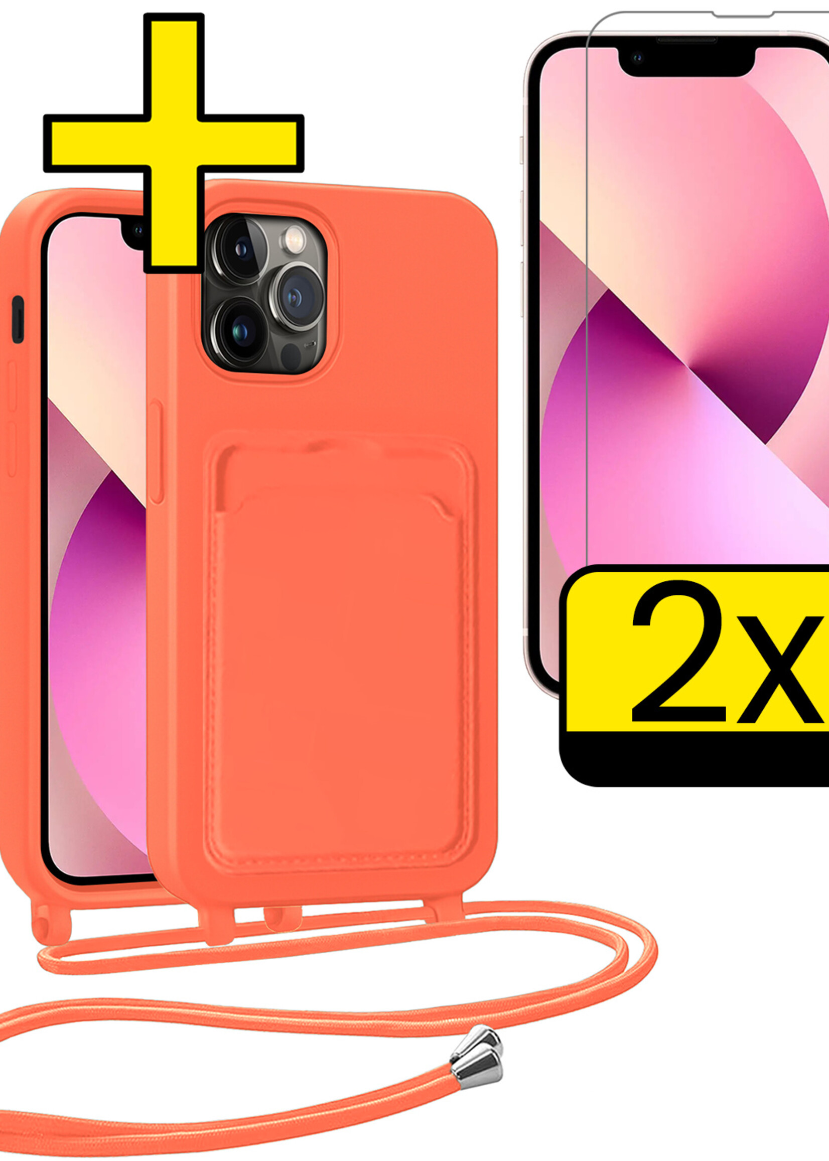 LUQ LUQ iPhone 13 Pro Max Hoesje Pashouder met Koord Met 2x Screenprotector - Papaya