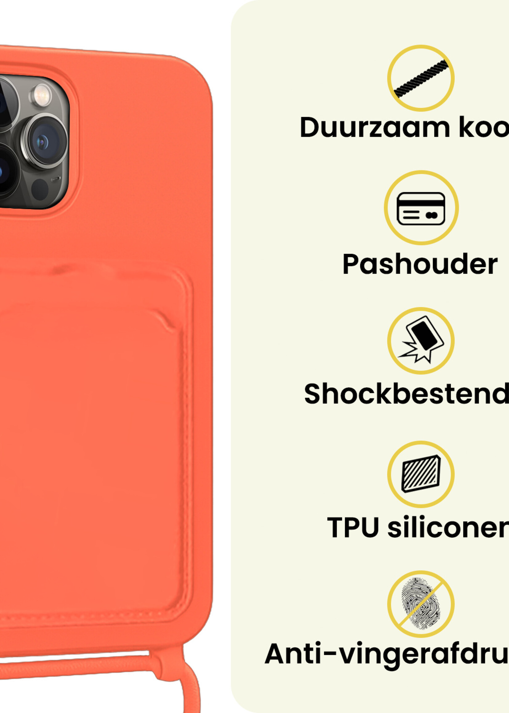 LUQ LUQ iPhone 13 Pro Max Hoesje Pashouder met Koord Met 2x Screenprotector - Papaya