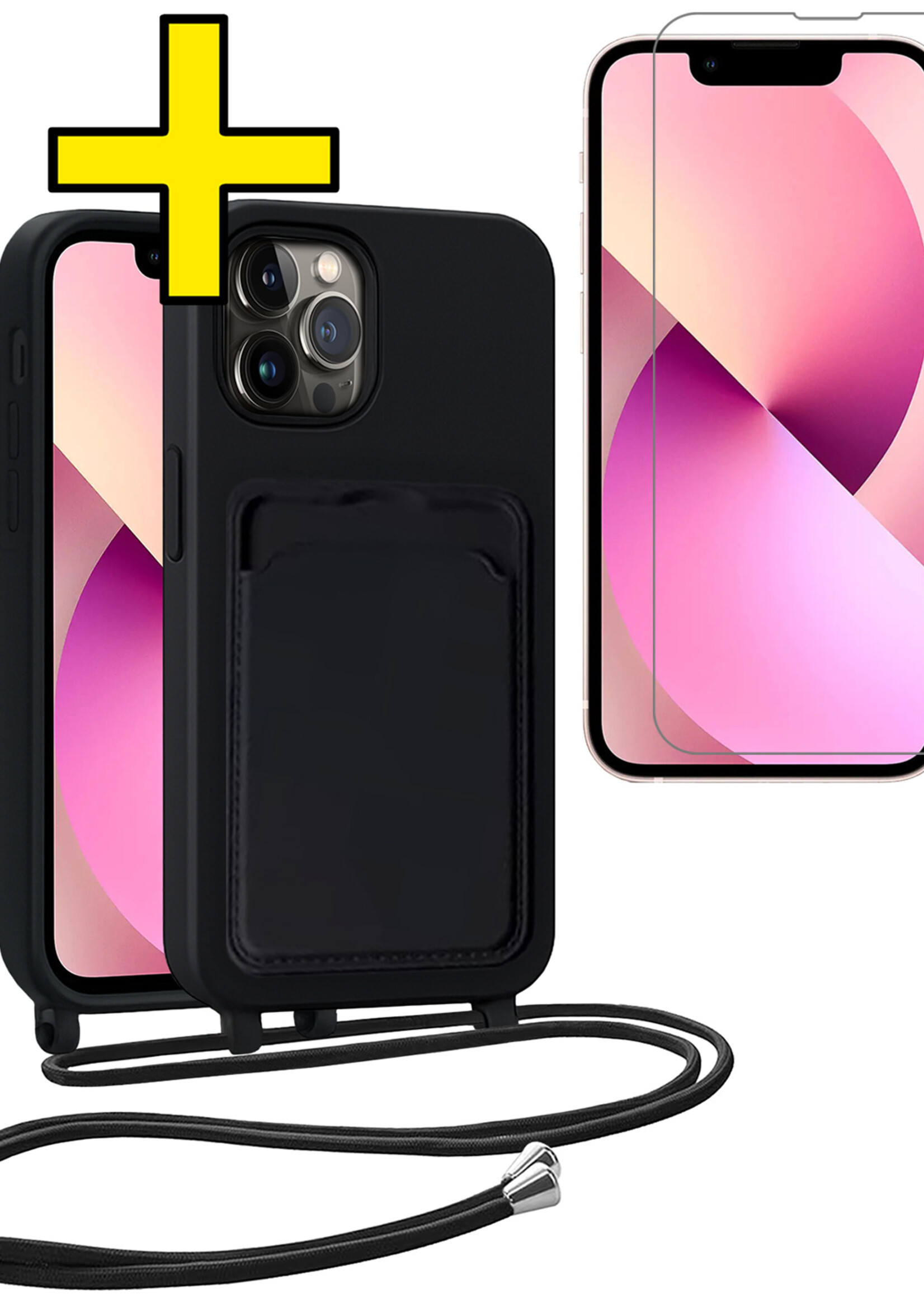 LUQ LUQ iPhone 13 Pro Max Hoesje Pashouder met Koord Met Screenprotector - Zwart