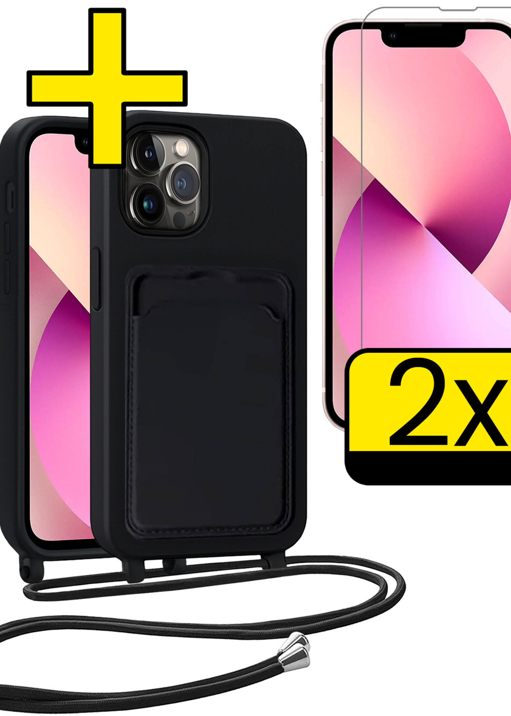 LUQ LUQ iPhone 13 Pro Max Hoesje Pashouder met Koord Met 2x Screenprotector - Zwart