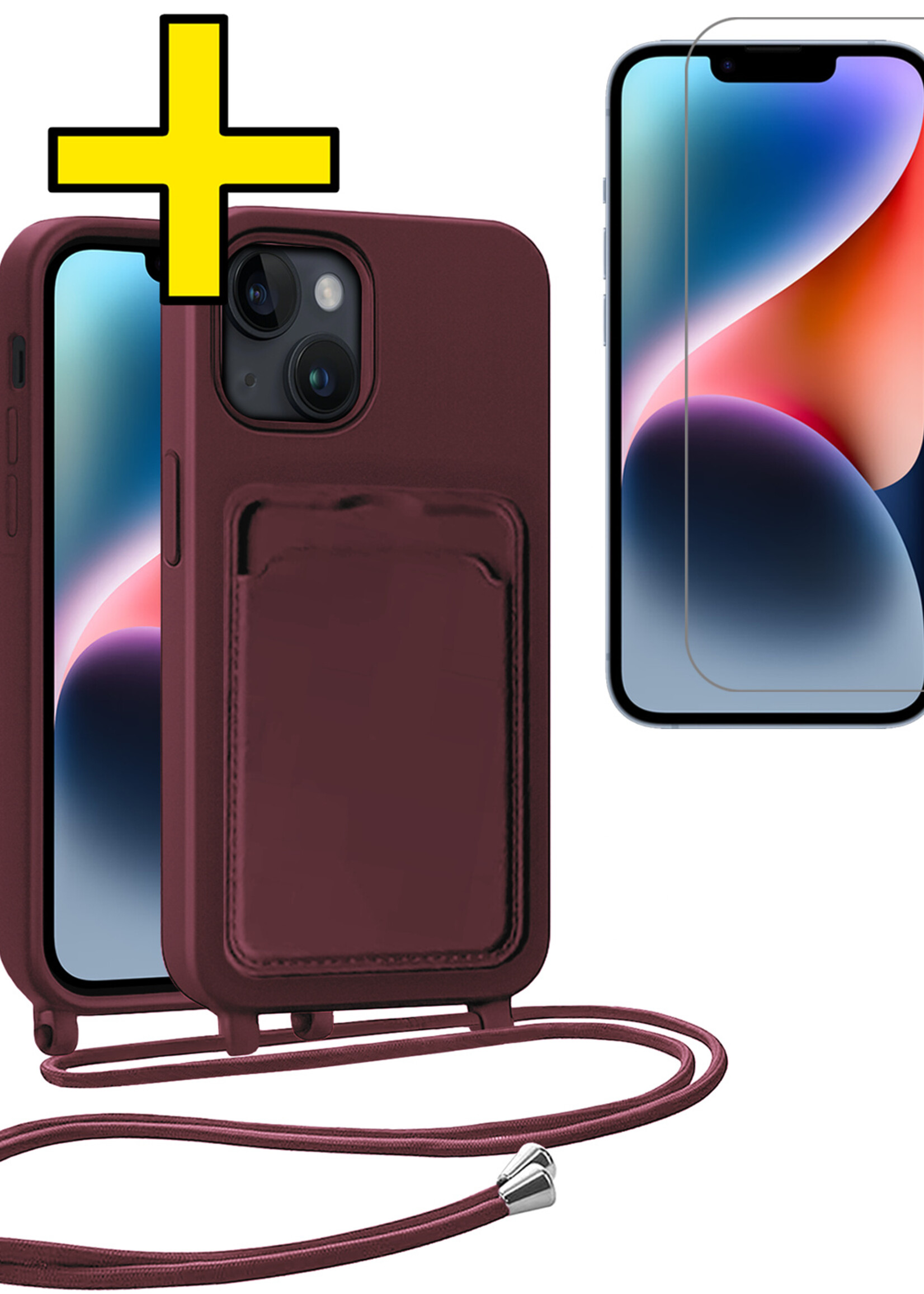 LUQ LUQ iPhone 14 Plus Hoesje Pashouder met Koord Met Screenprotector - Aubergine