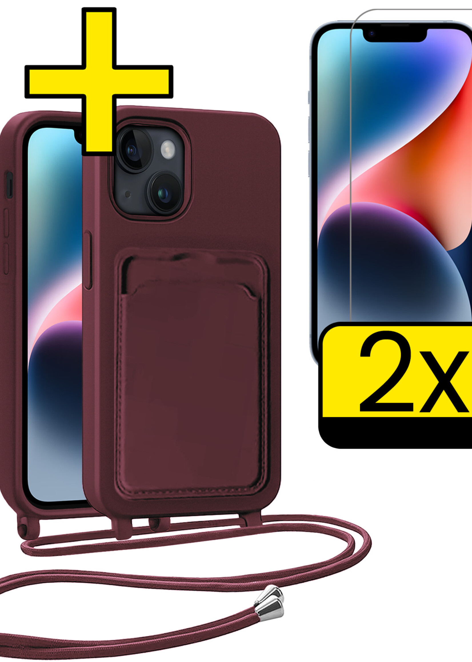 LUQ LUQ iPhone 14 Plus Hoesje Pashouder met Koord Met 2x Screenprotector - Aubergine