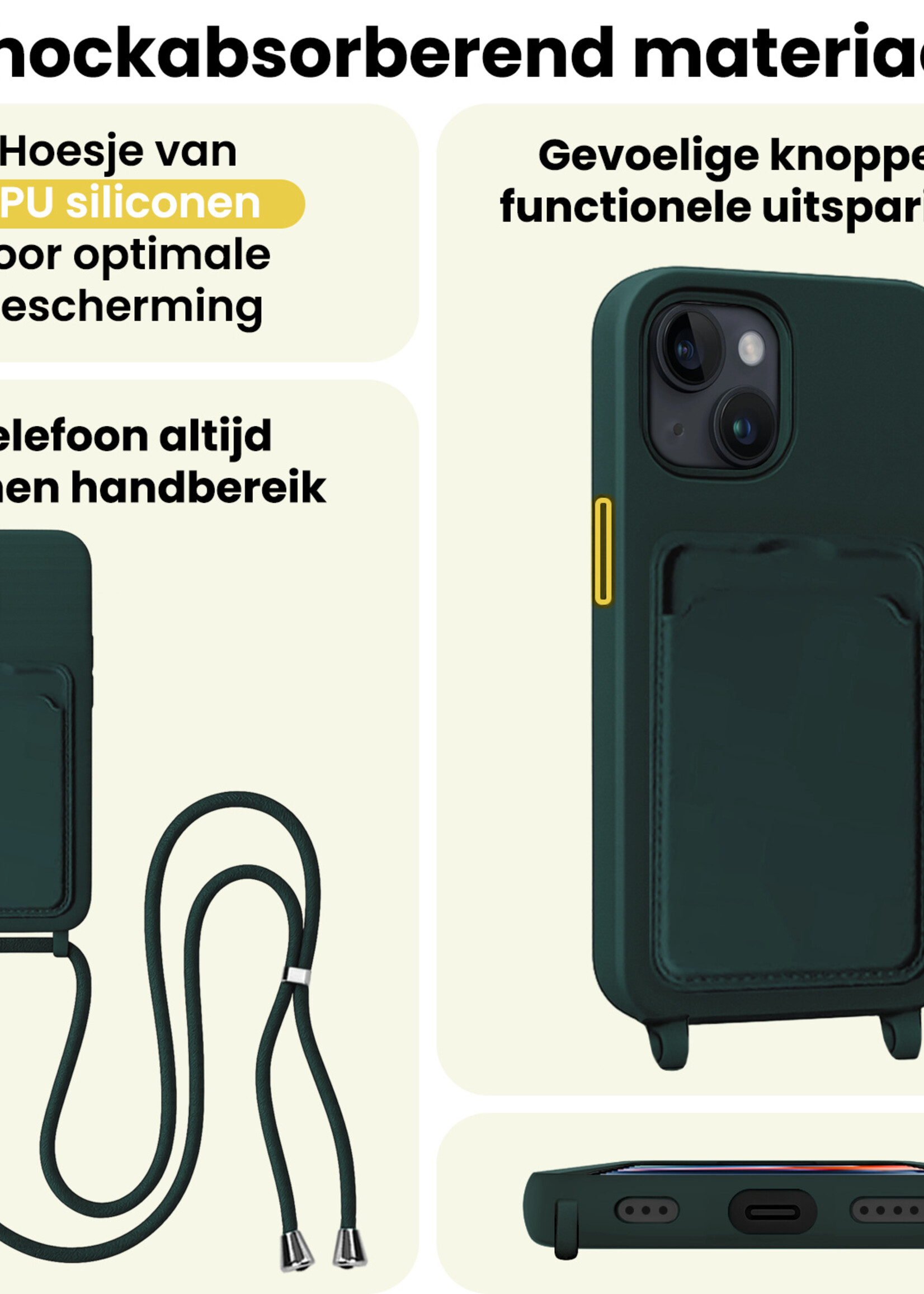 LUQ LUQ iPhone 14 Plus Hoesje Pashouder met Koord Met Screenprotector - Donkergroen
