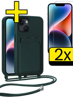 LUQ LUQ iPhone 14 Plus Hoesje Pashouder met Koord Met 2x Screenprotector - Donkergroen