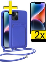 LUQ LUQ iPhone 14 Plus Hoesje Pashouder met Koord Met 2x Screenprotector - Fel Blauw