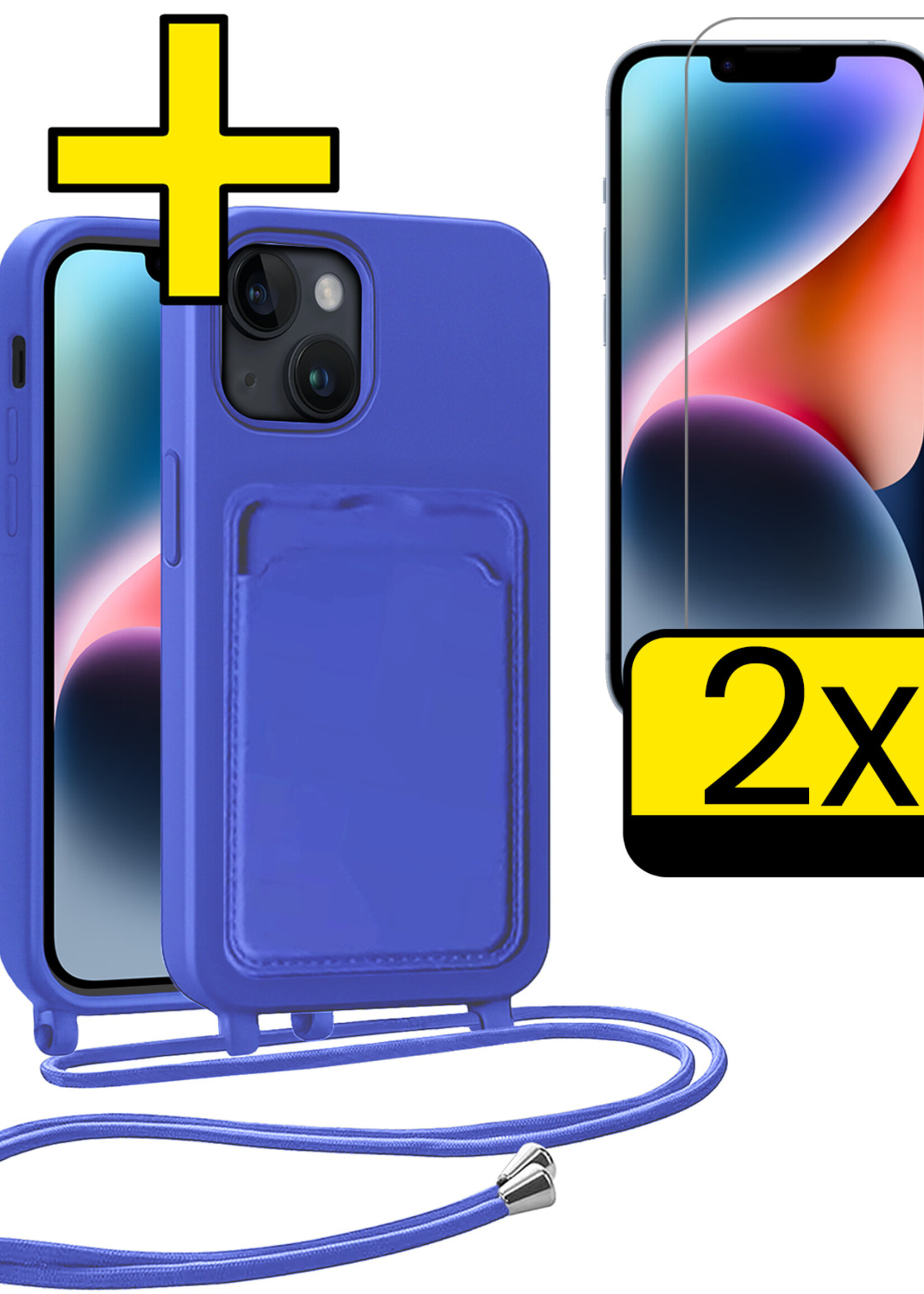 LUQ LUQ iPhone 14 Plus Hoesje Pashouder met Koord Met 2x Screenprotector - Fel Blauw