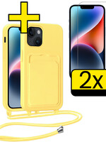 LUQ LUQ iPhone 14 Plus Hoesje Pashouder met Koord Met 2x Screenprotector - Geel