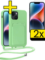 LUQ LUQ iPhone 14 Plus Hoesje Pashouder met Koord Met 2x Screenprotector - Groen