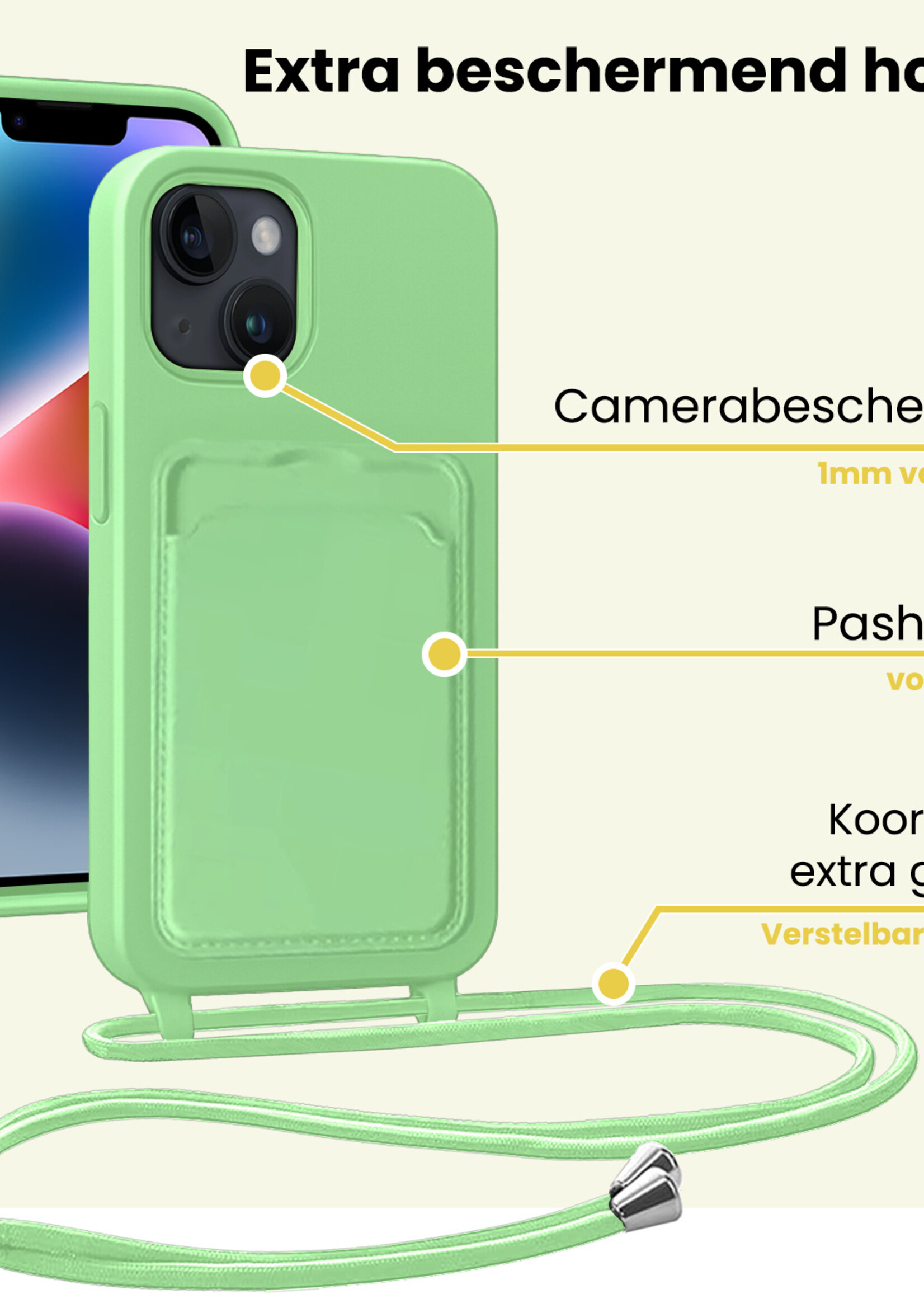 LUQ LUQ iPhone 14 Plus Hoesje Pashouder met Koord Met 2x Screenprotector - Groen