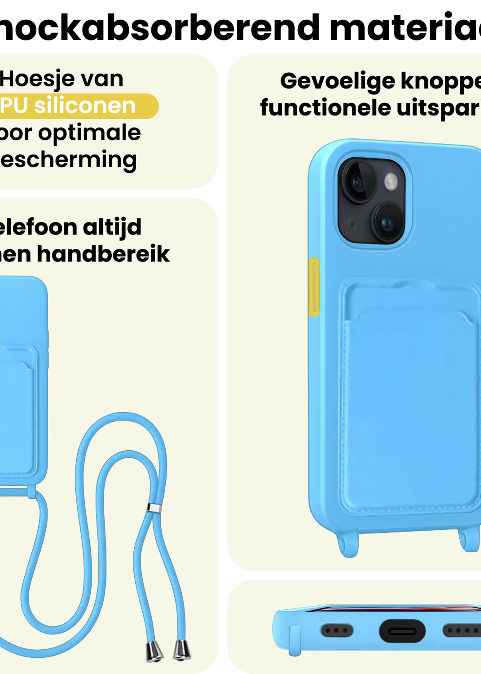 LUQ LUQ iPhone 14 Plus Hoesje Pashouder met Koord - Lichtblauw - 2 PACK