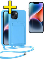 LUQ LUQ iPhone 14 Plus Hoesje Pashouder met Koord Met Screenprotector - Lichtblauw