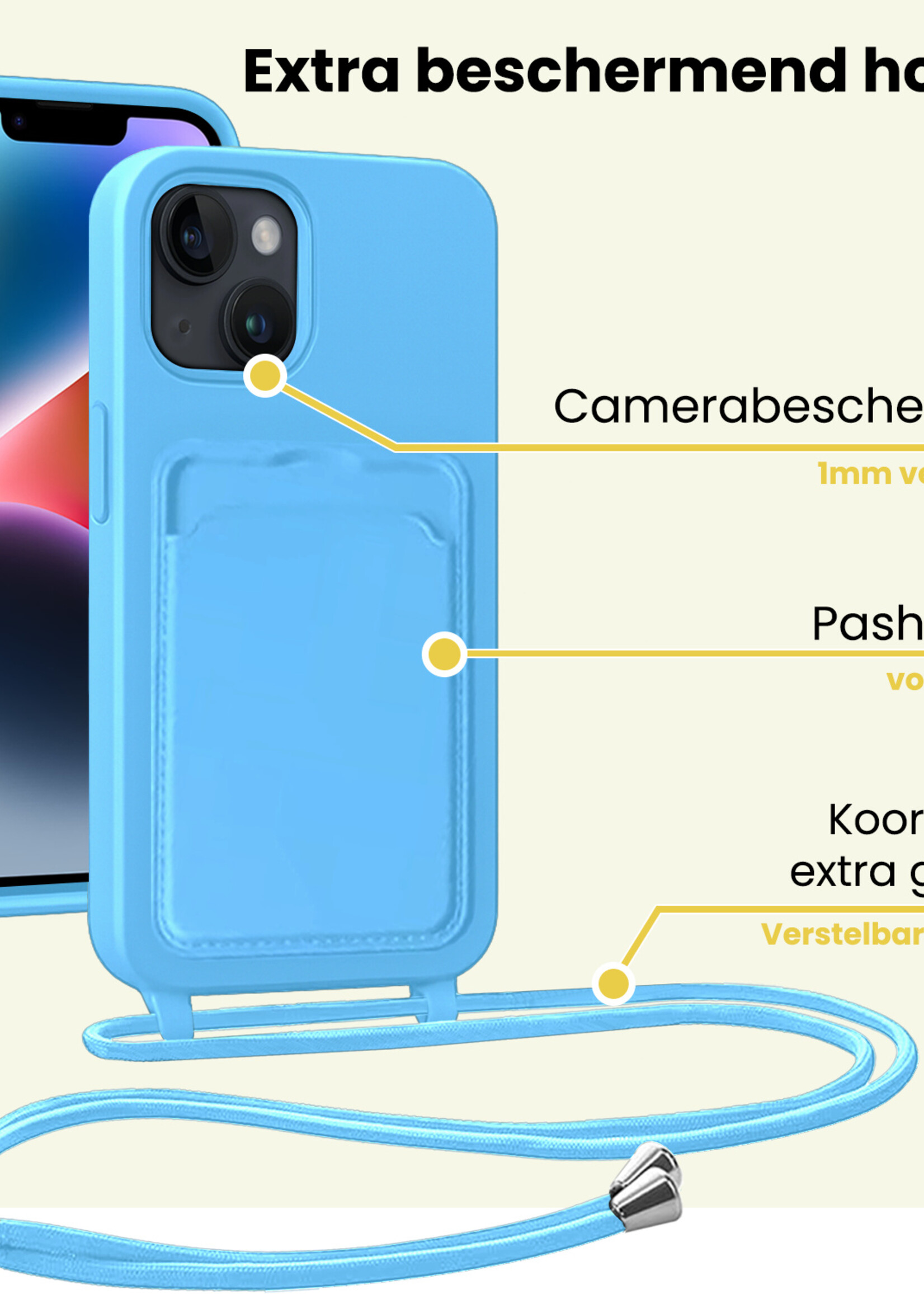 LUQ LUQ iPhone 14 Plus Hoesje Pashouder met Koord Met Screenprotector - Lichtblauw
