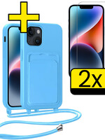 LUQ LUQ iPhone 14 Plus Hoesje Pashouder met Koord Met 2x Screenprotector - Lichtblauw