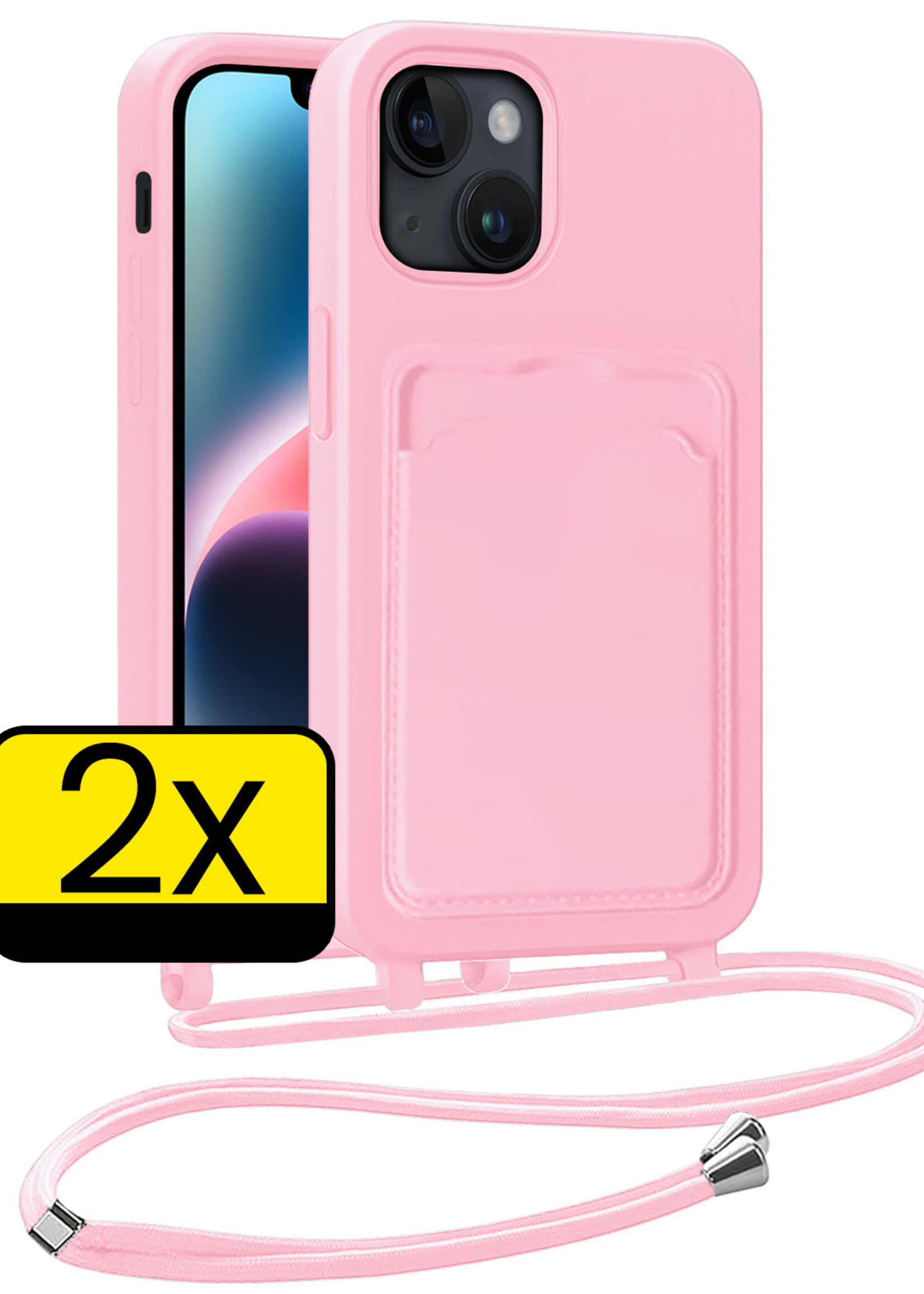 LUQ LUQ iPhone 14 Plus Hoesje Pashouder met Koord - Lichtroze - 2 PACK