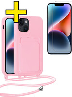 LUQ LUQ iPhone 14 Plus Hoesje Pashouder met Koord Met Screenprotector - Lichtroze